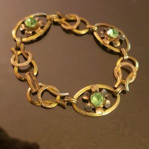Vtg Gold Filled Vermeil Emerald Green Stone Floral Link Bracelet, Signed Vandell